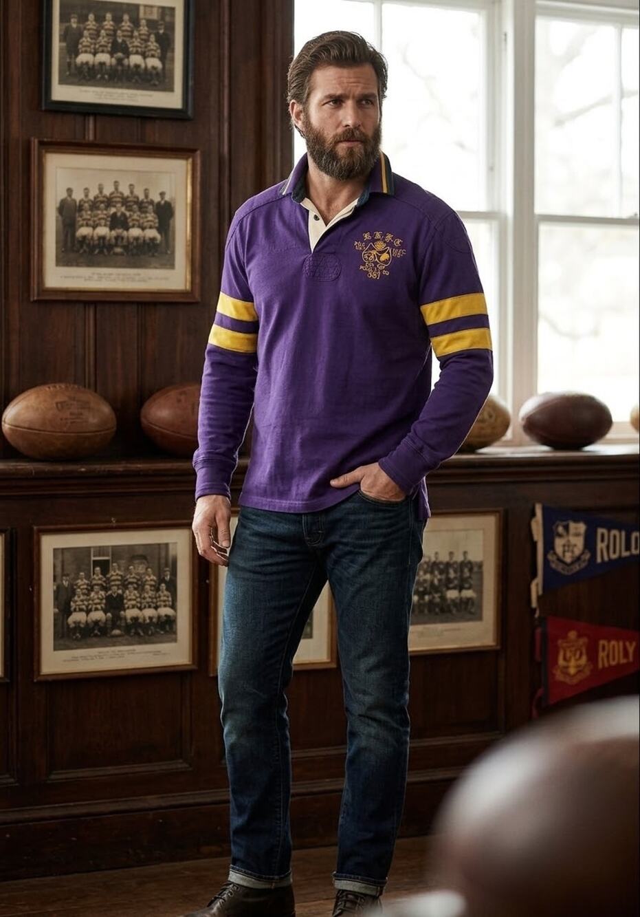 Vintage Polo Ralph Lauren Custom Rugby Shirt Yellow + Purple Size Small